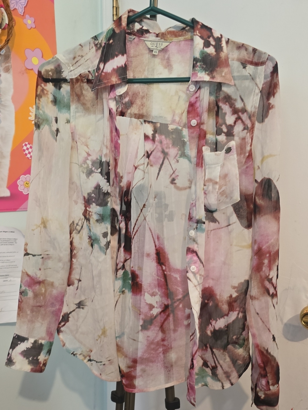 Guess Sheer Floral As Is Button-Down Blouse Flawed